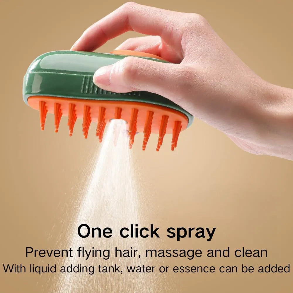 Green and white rechargeable cat steam brush comb with silicone bristles and water spray.