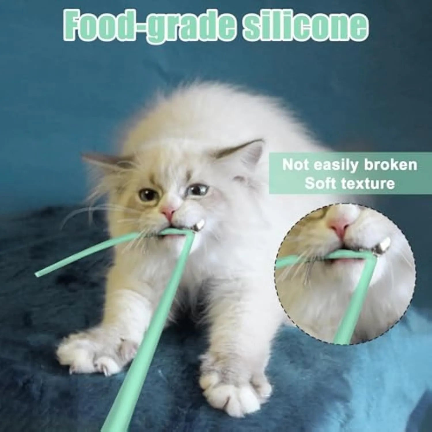 Rechargeable automatic cat toy with motorised swinging silicone tail on green background