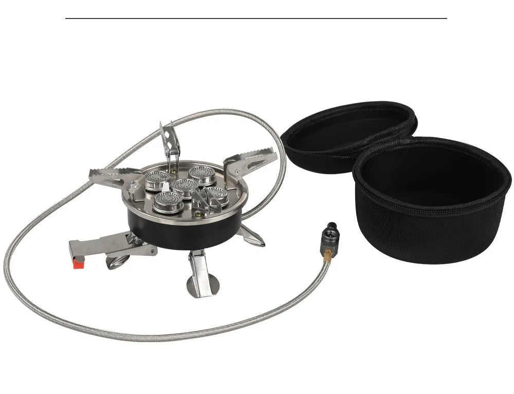 Silver portable split stove for outdoor camping, shown with a foldable design and hose.
