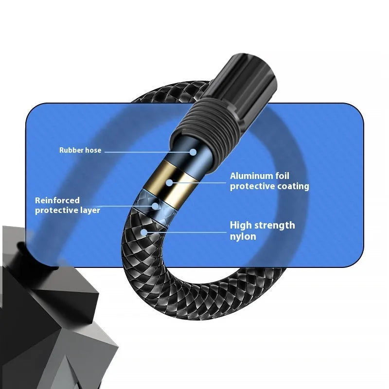 Black vehicle-mounted electric tyre inflator with digital display and 12V power cable