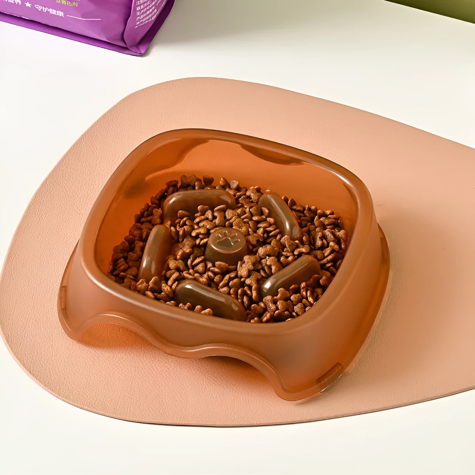 Plastic dog slow feeding bowl with anti-choking design in blue, grey, green, and orange colour options