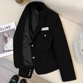 Black short suit coat for women with loose fit, long sleeves and pockets in solid color