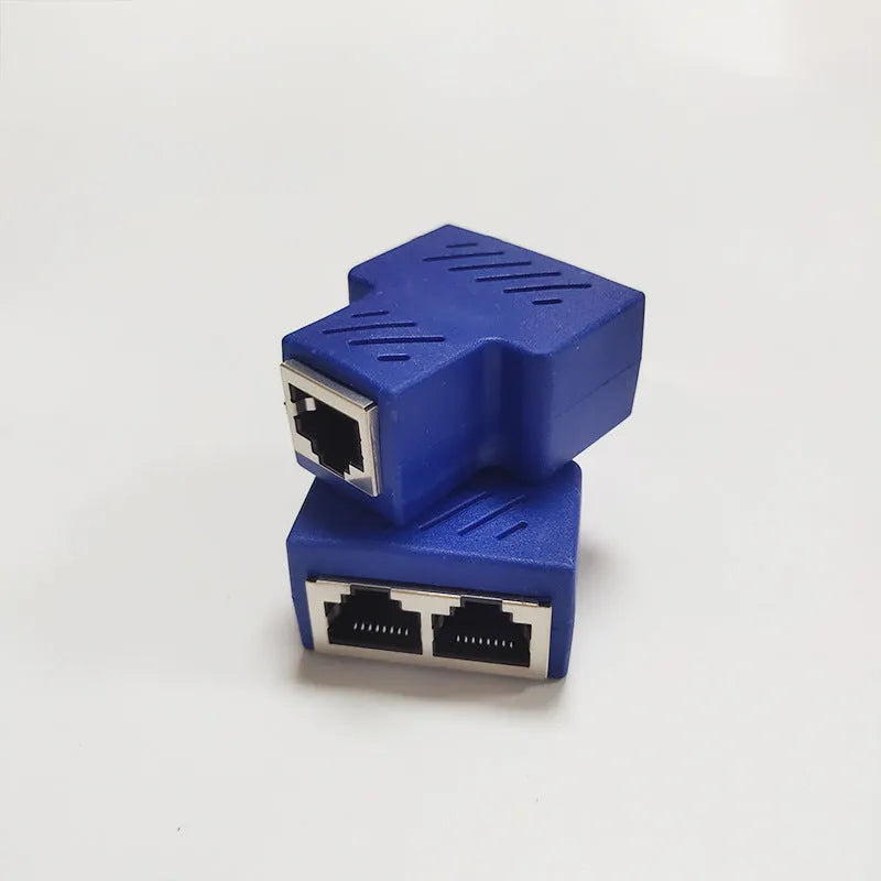 RJ45 network cable splitter adapter showing tee-shaped design with one input and two output ports