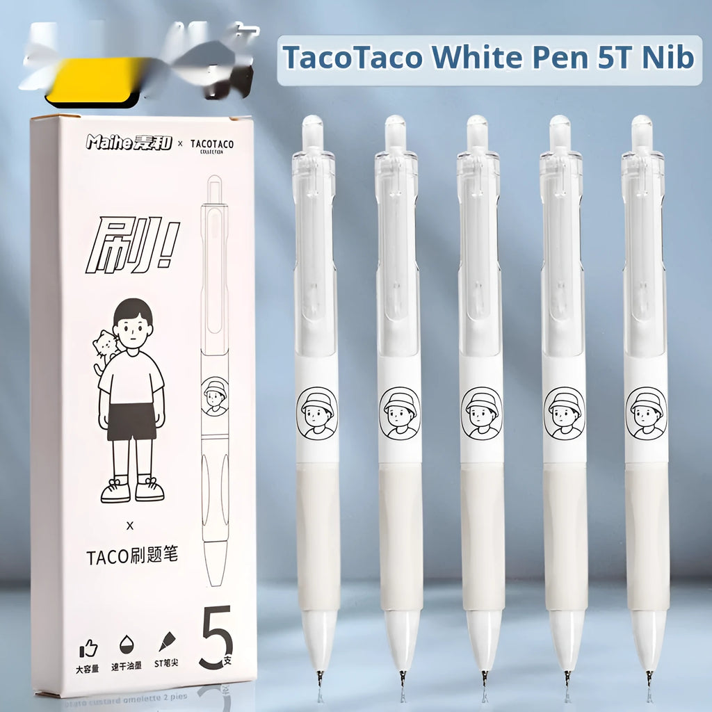 Five white and black Taco series ballpoint pens with 0.5mm black ink refills for student writing