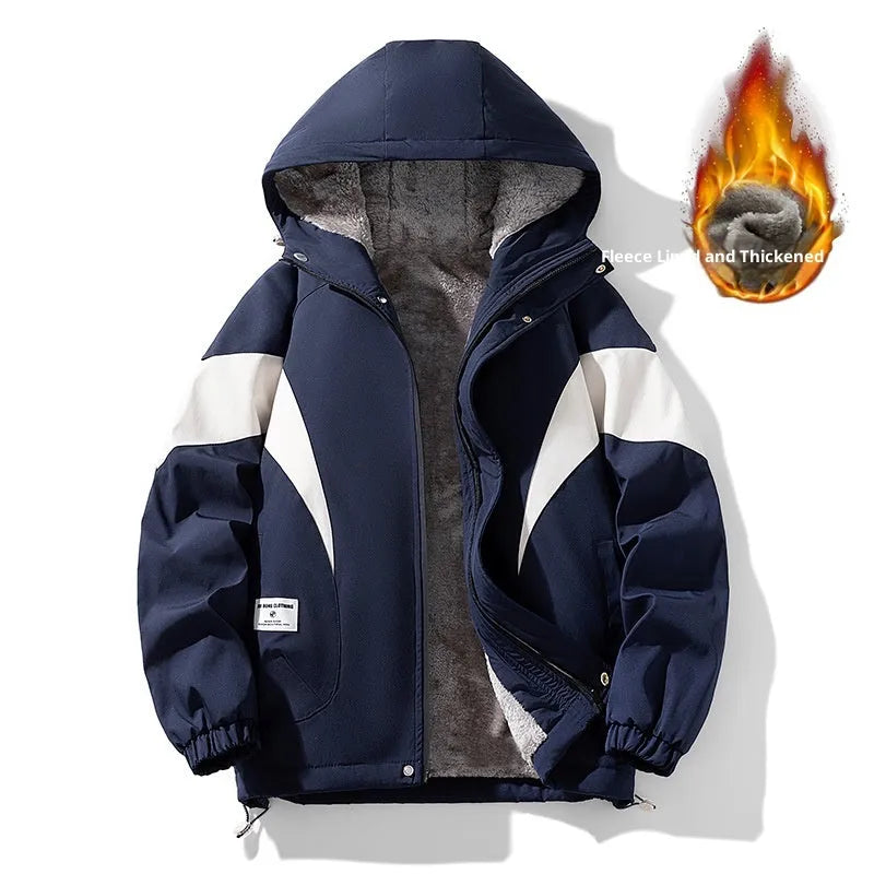 Men's fleece-lined jacket in Dark Blue with floral pattern, polyester fabric, side seam pockets