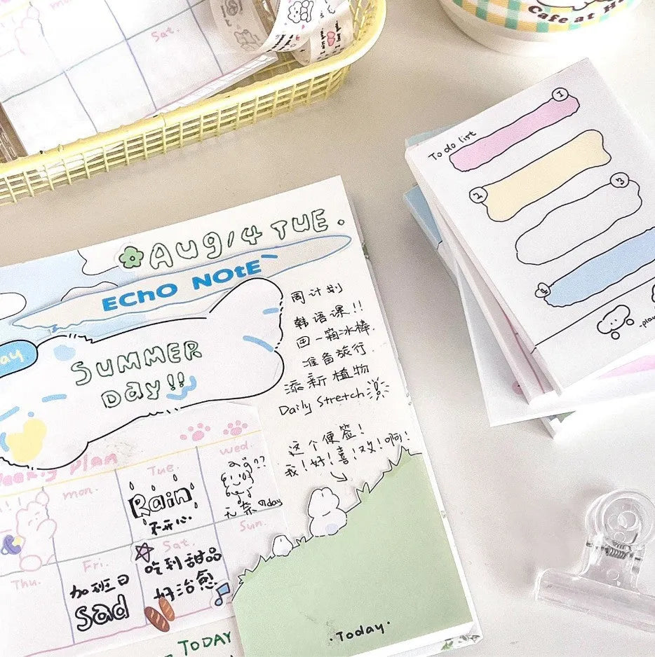 Cartoon heart-shaped sticky notes set showing six themed designs in three different sizes