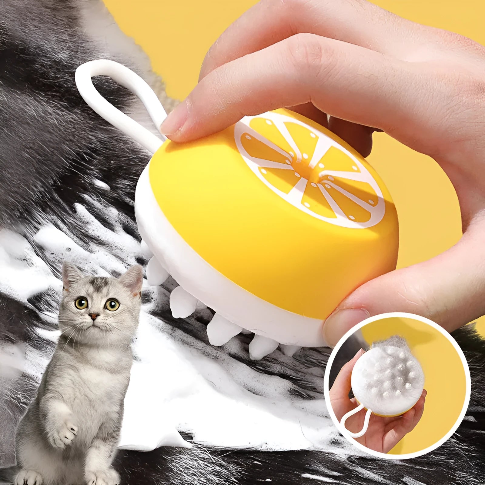 Yellow silicone pet grooming brush with massage head for dog and cat bath time