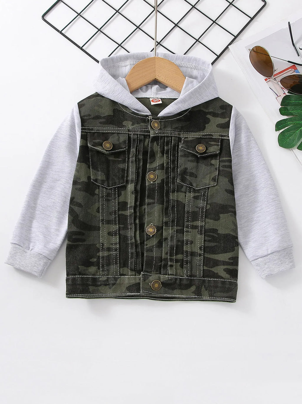 Boys cotton hooded denim coat with cartoon print in blue colour, long sleeves, single-breasted front