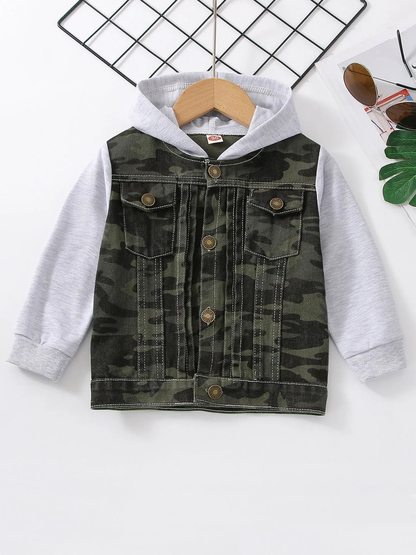 Boys cotton hooded denim coat with cartoon print in blue colour, long sleeves, single-breasted front