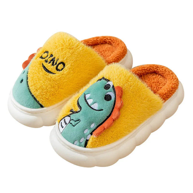 Plush cotton indoor couple slippers with thickened soles in dinosaur designs showing colour options