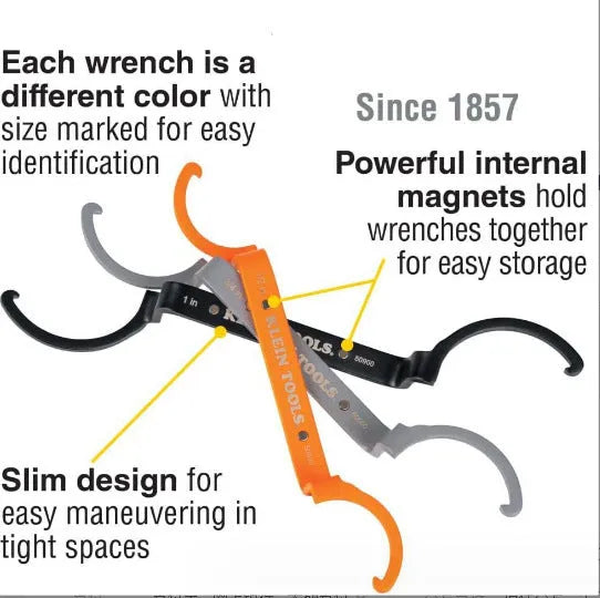 Orange, grey, and black magnetic crescent wrenches with catheter locking mechanism on one tool