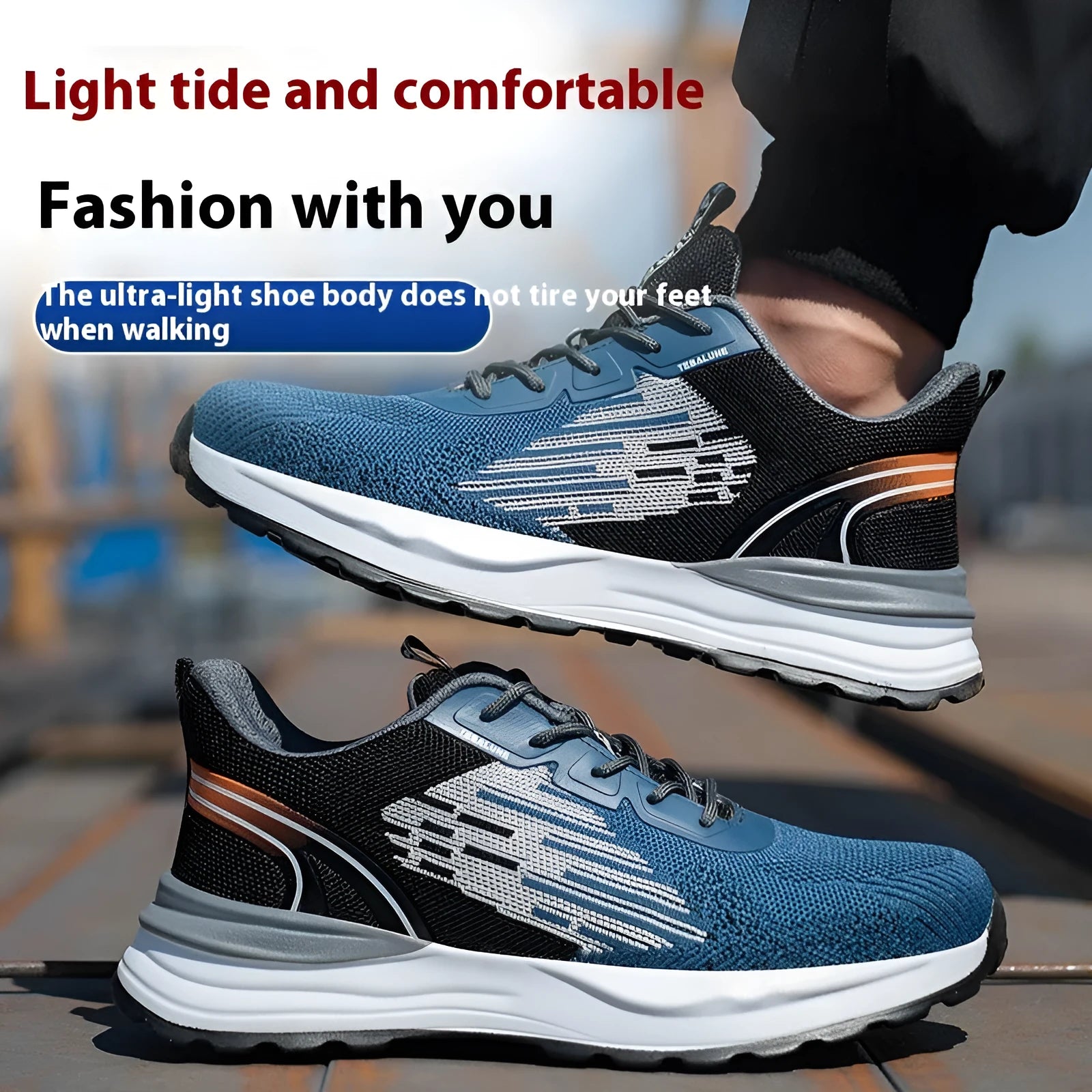 Blue men's low-top safety work shoes with mesh upper, lace closure, and plastic safety toe cap.