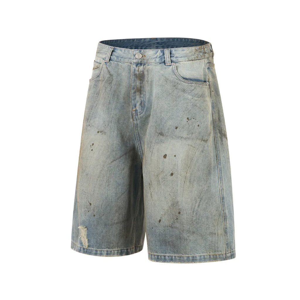 Blue washed denim straight-leg mid-length trousers with zipper fly closure