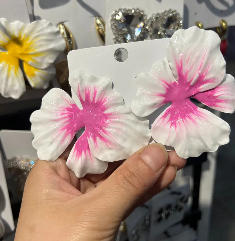 Alloy flower stud earrings with oil-spot glaze finish in European pastoral style