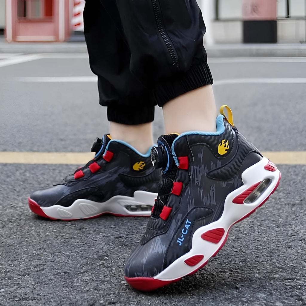 Children's rotating button basketball shoes in synthetic leather with PU sole, showing fastening system and colour options