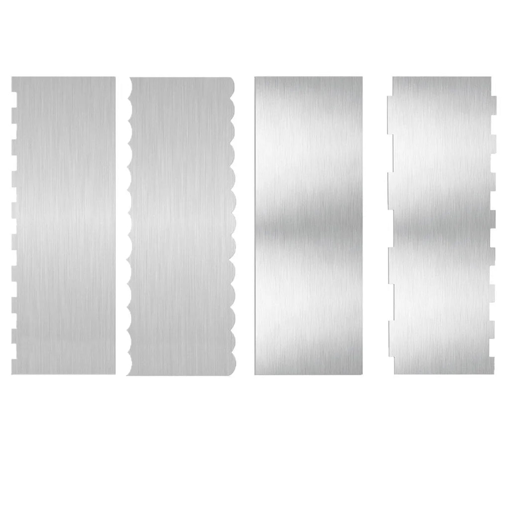 Stainless steel cake scraper with a polygon patterned edge for decorating.