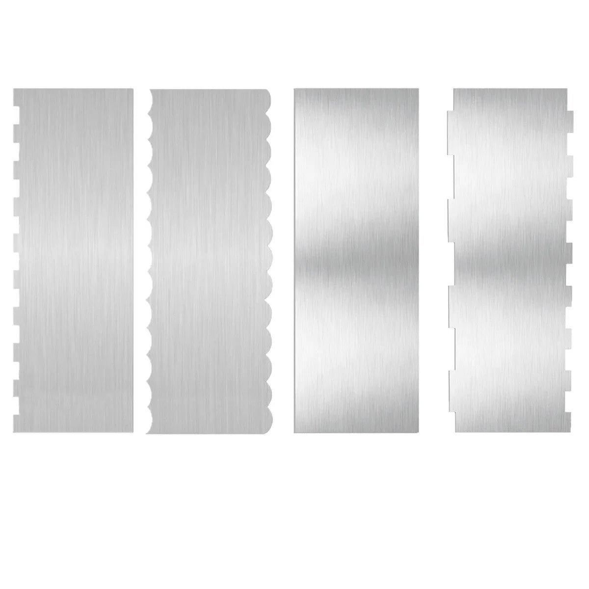 Stainless steel cake scraper with a polygon patterned edge for decorating.