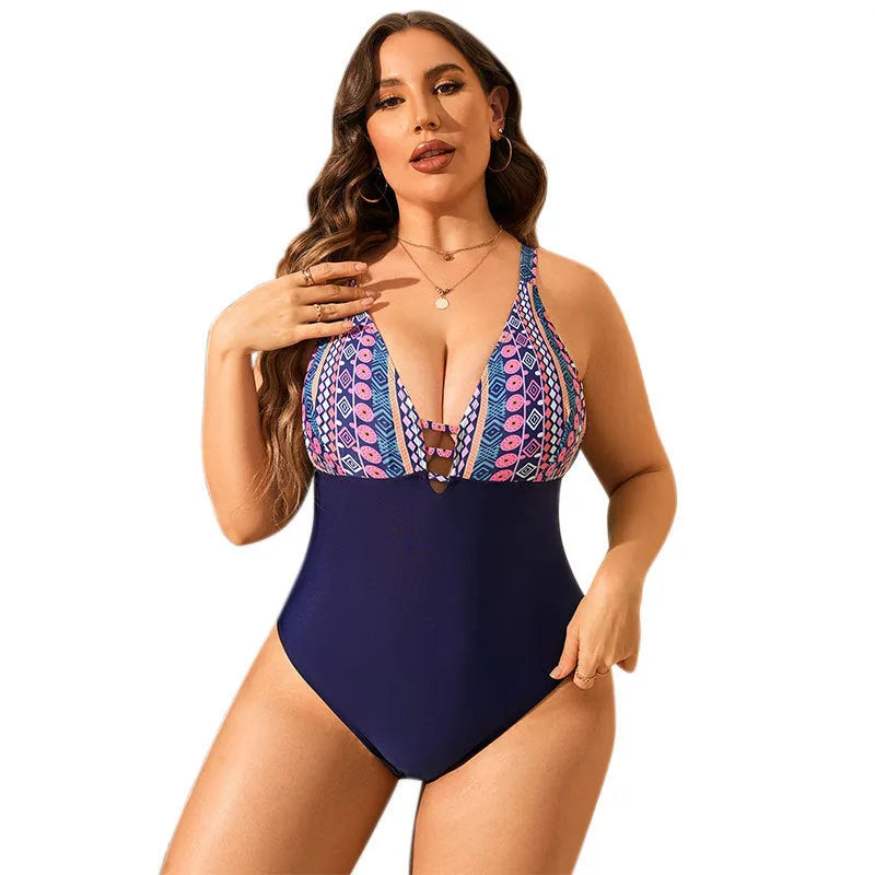 Leopard print plus size one-piece swimsuit with V-neck and belly cover design.