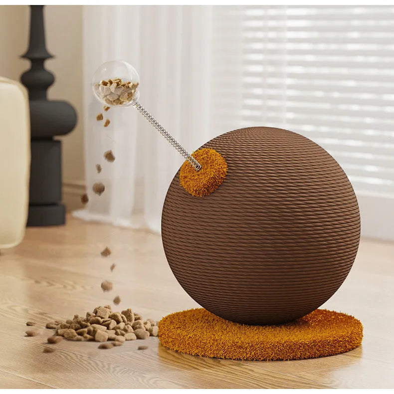 Cat scratching post with interactive tumbler toy made from natural hemp rope in large and small size options