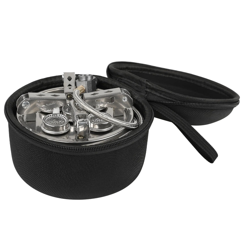 Silver portable split stove for outdoor camping, shown with a foldable design and hose.