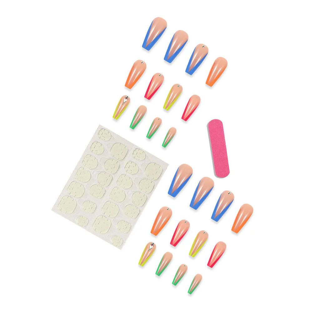 Diamond colour detachable nail tips featuring cartoon, love, and cross heart patterns with jelly glue and tools.