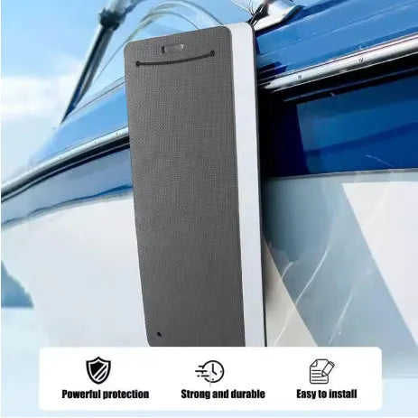 Blue EVA boat fender with thickened sides for shock absorption on a dock.