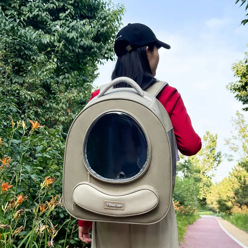 Breathable polyester pet backpack in khaki with large capacity space capsule design
