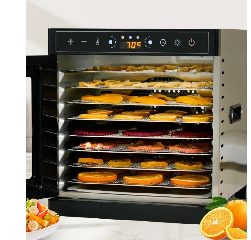 Stainless steel fruit dehydrator appliance with visual skylight top and multiple drying trays.