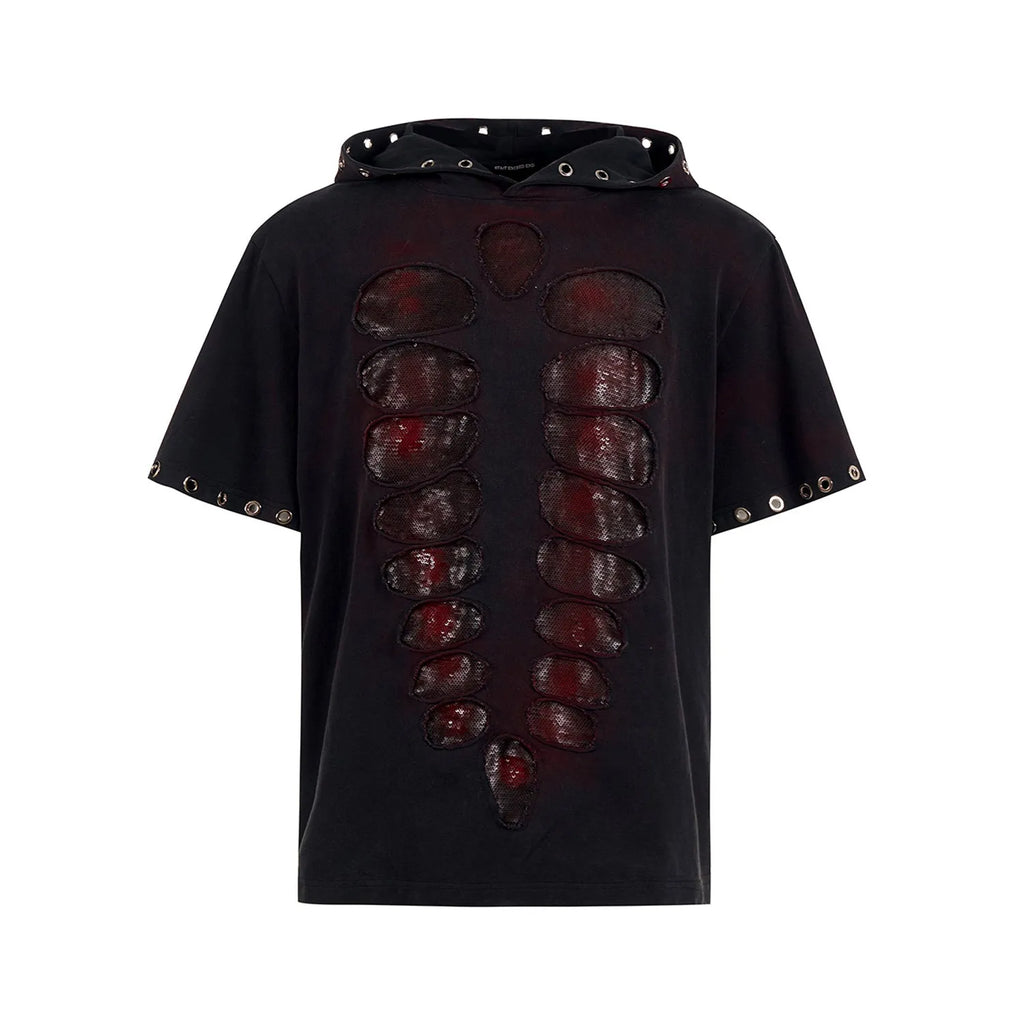 Black men's hooded T-shirt with sequin detailing, loose fit, short sleeves