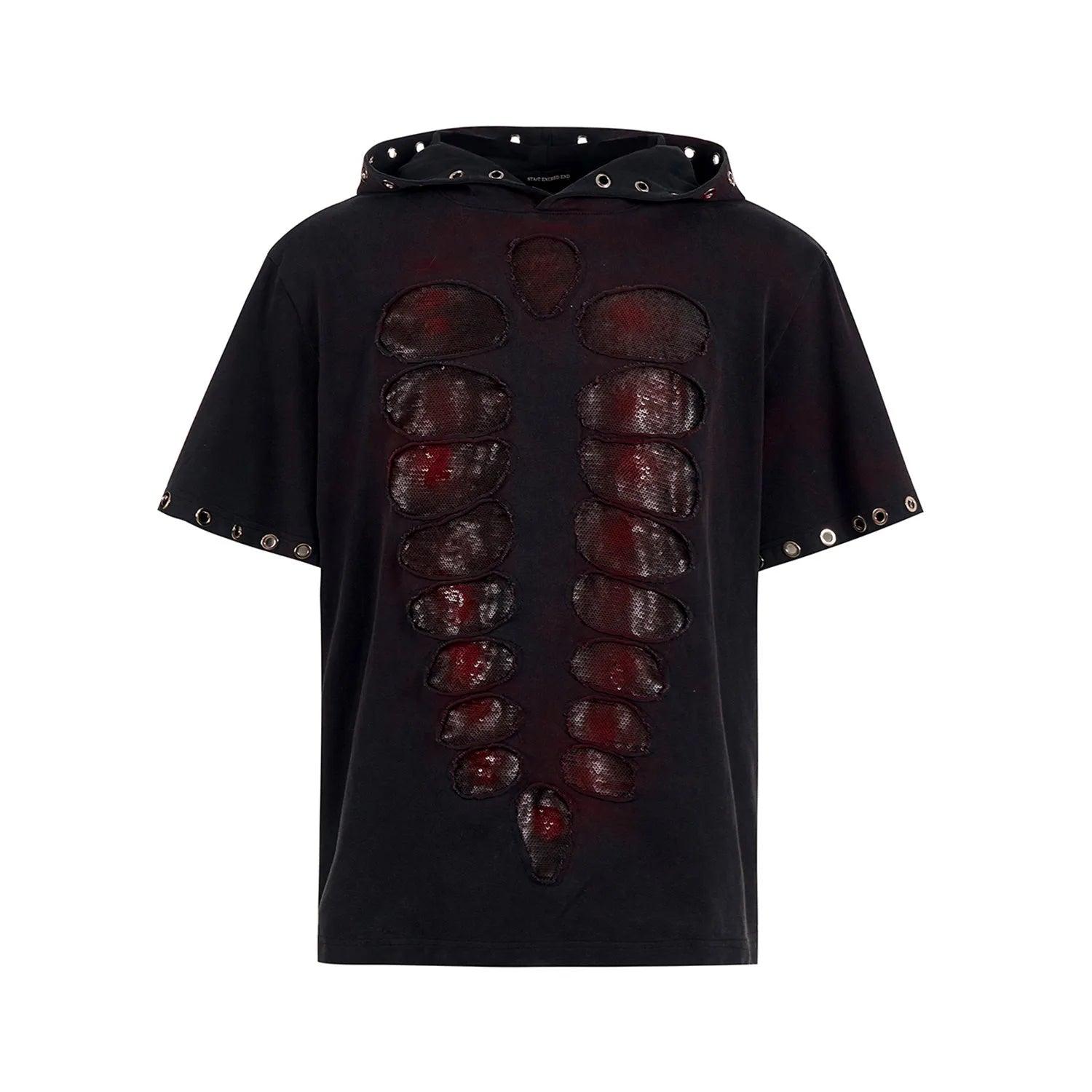 Black men's hooded T-shirt with sequin detailing, loose fit, short sleeves