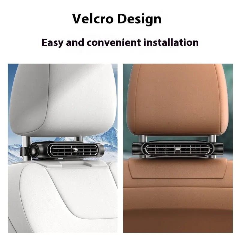 USB car seat fan with brushless motor mounted on car headrest using Velcro strips