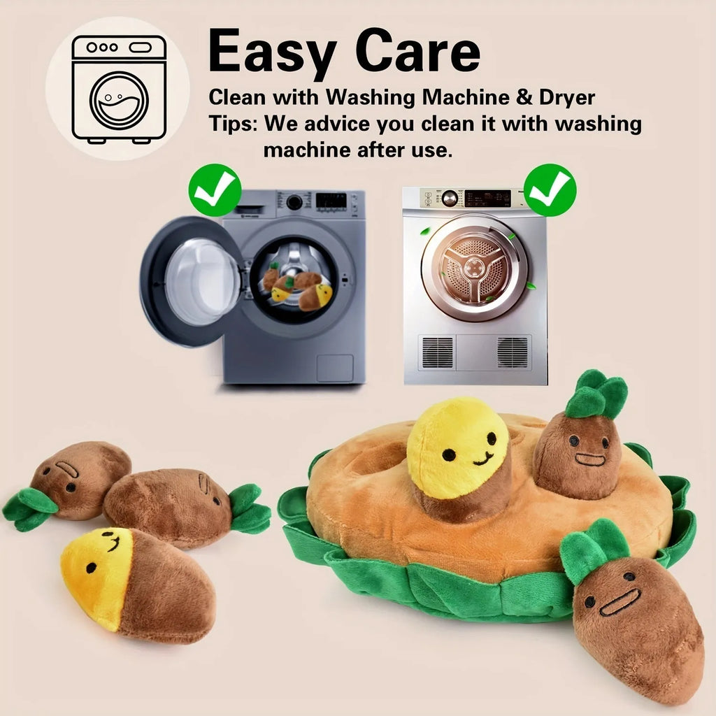 Yellow interactive dog puzzle toy with removable squeaky plush toys and feeding pads