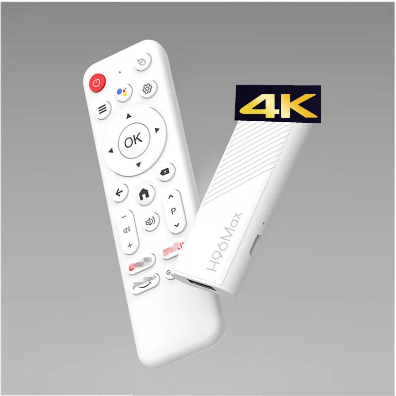 H96Max H313 set-top box with voice remote control and HDMI cable on a table