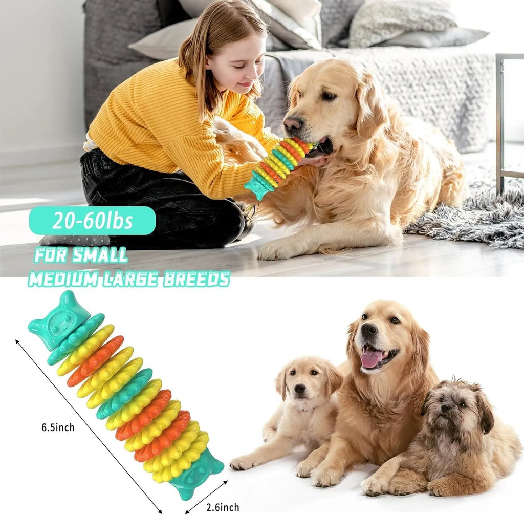 Blue green and pink caterpillar-shaped rubber dog chew toy for aggressive chewers, 17cm long
