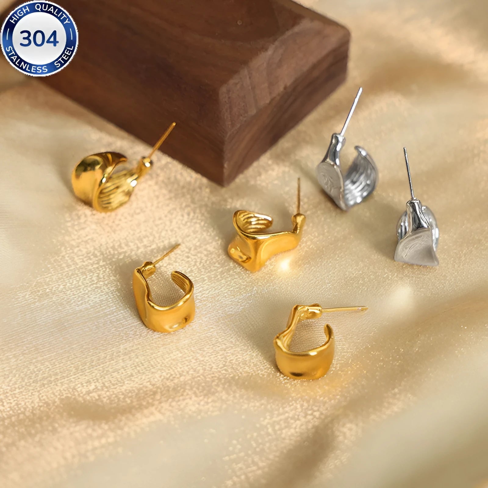 Women's retro special-shaped asymmetric stud earrings in 316 stainless steel electroplated gold finish