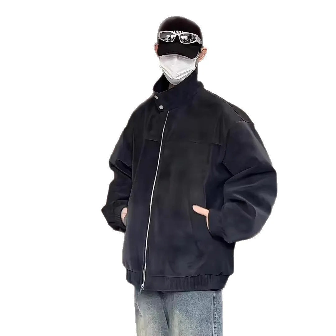 Men's grey tie-dyed PU leather stand collar jacket with side pockets
