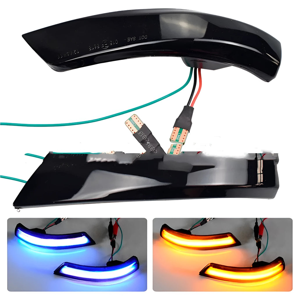 Pair of ABS plastic rearview mirror waterfall lights for Ford Focus and Mondeo, showing yellow and blue/yellow LED options.