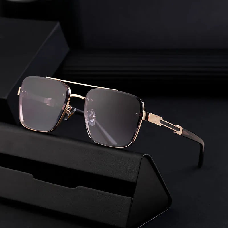 Men's vintage-style sunglasses with UV protection, shown in various colour options on a model.