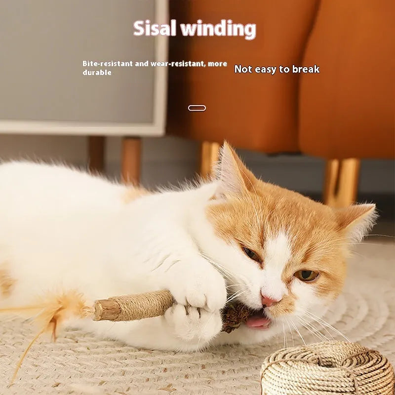 Large Polygonum Mu wood cat teeth grinding chew toy, 22mm diameter, shown in catnip lafite grass style