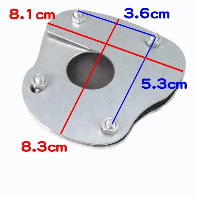 Metal motorcycle brake pedal skid plate showing three style options for universal fit