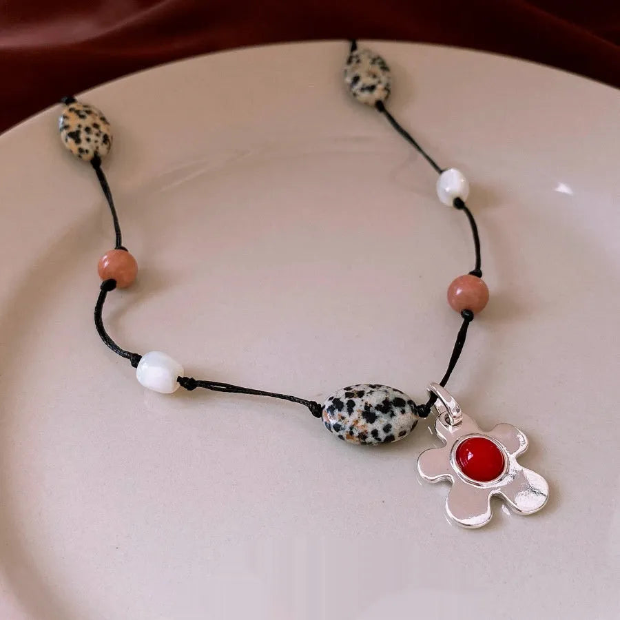 Stone shell beaded flower pendant necklace on adjustable 51-60cm electroplated alloy chain