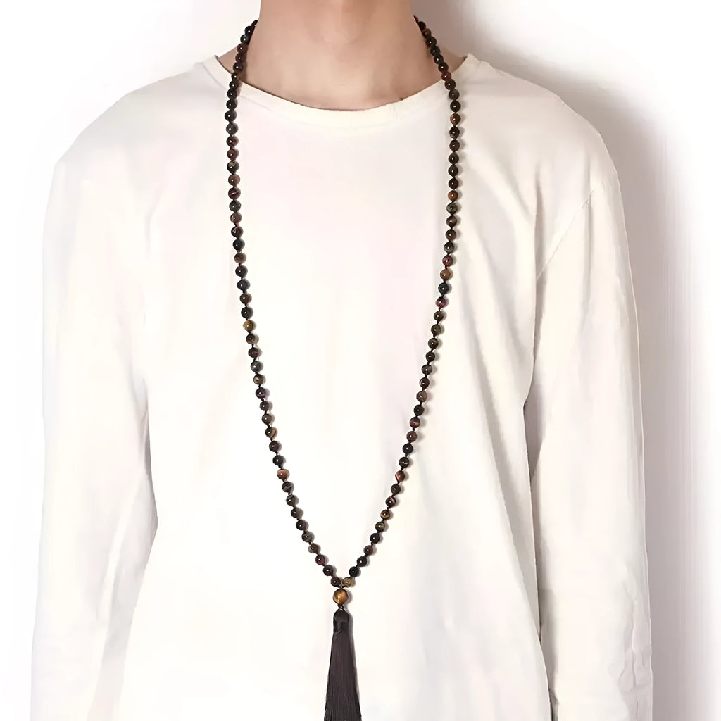 Long unisex agate and amethyst tassel necklace with blue stone pattern, measuring 95-100cm.