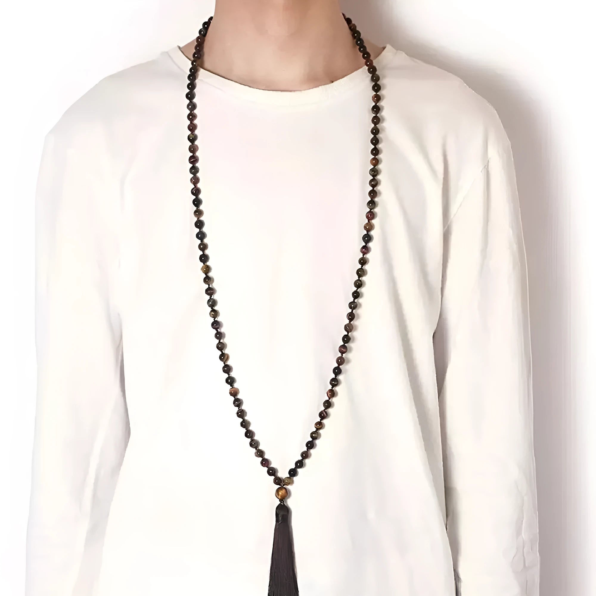 Long unisex agate and amethyst tassel necklace with blue stone pattern, measuring 95-100cm.