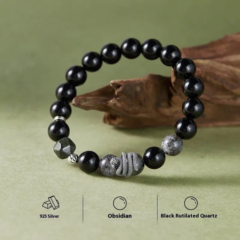 Men's black obsidian crystal and silver snake bracelet with retro zodiac design
