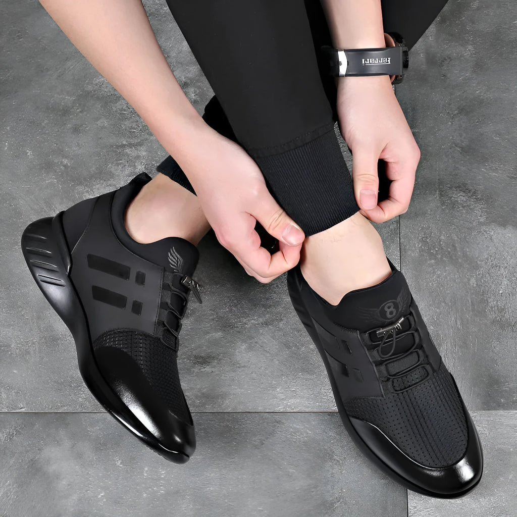 Men's black height increasing casual shoes with 8cm lift in leather, mesh, and Lycra upper options