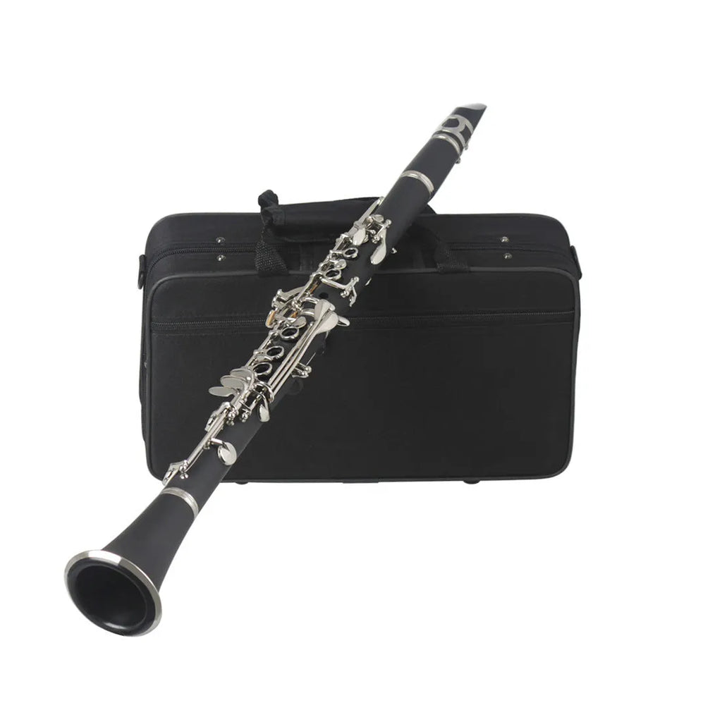 Black Bb soprano clarinet with Bakelite body and nickel 17-key mechanism with carrying bag