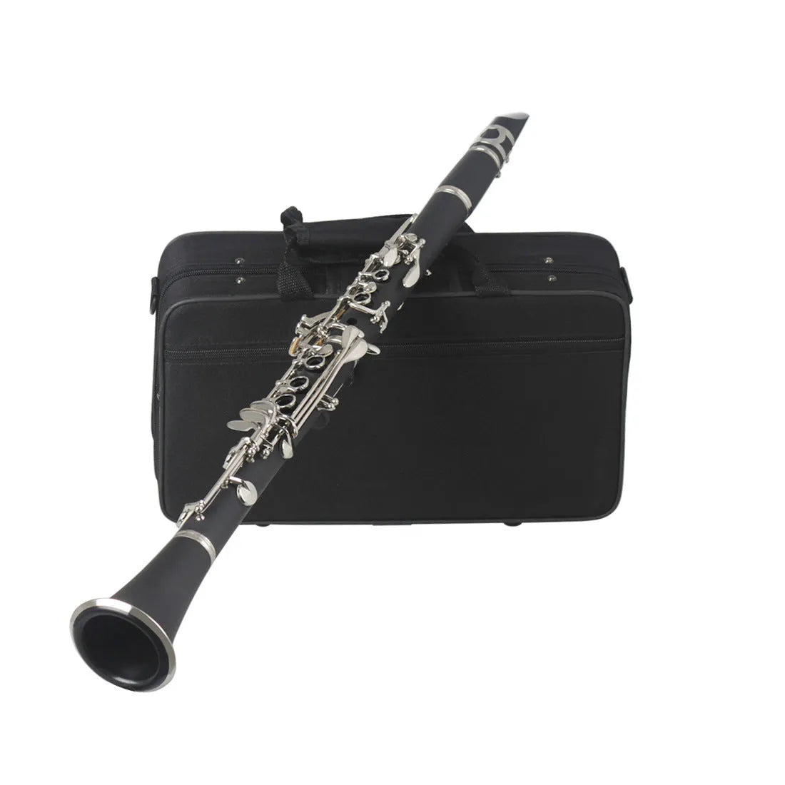 Black Bb soprano clarinet with Bakelite body and nickel 17-key mechanism with carrying bag