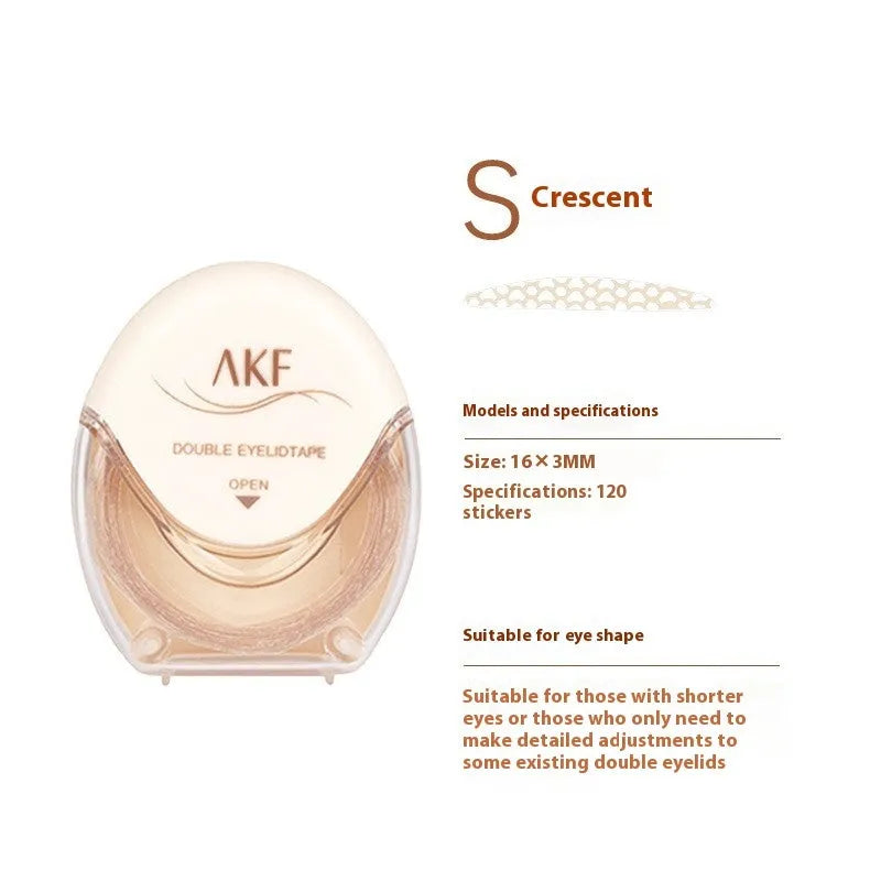Roll of invisible lace double eyelid stickers in shades Crescent M, Crescent S, and Olive M.