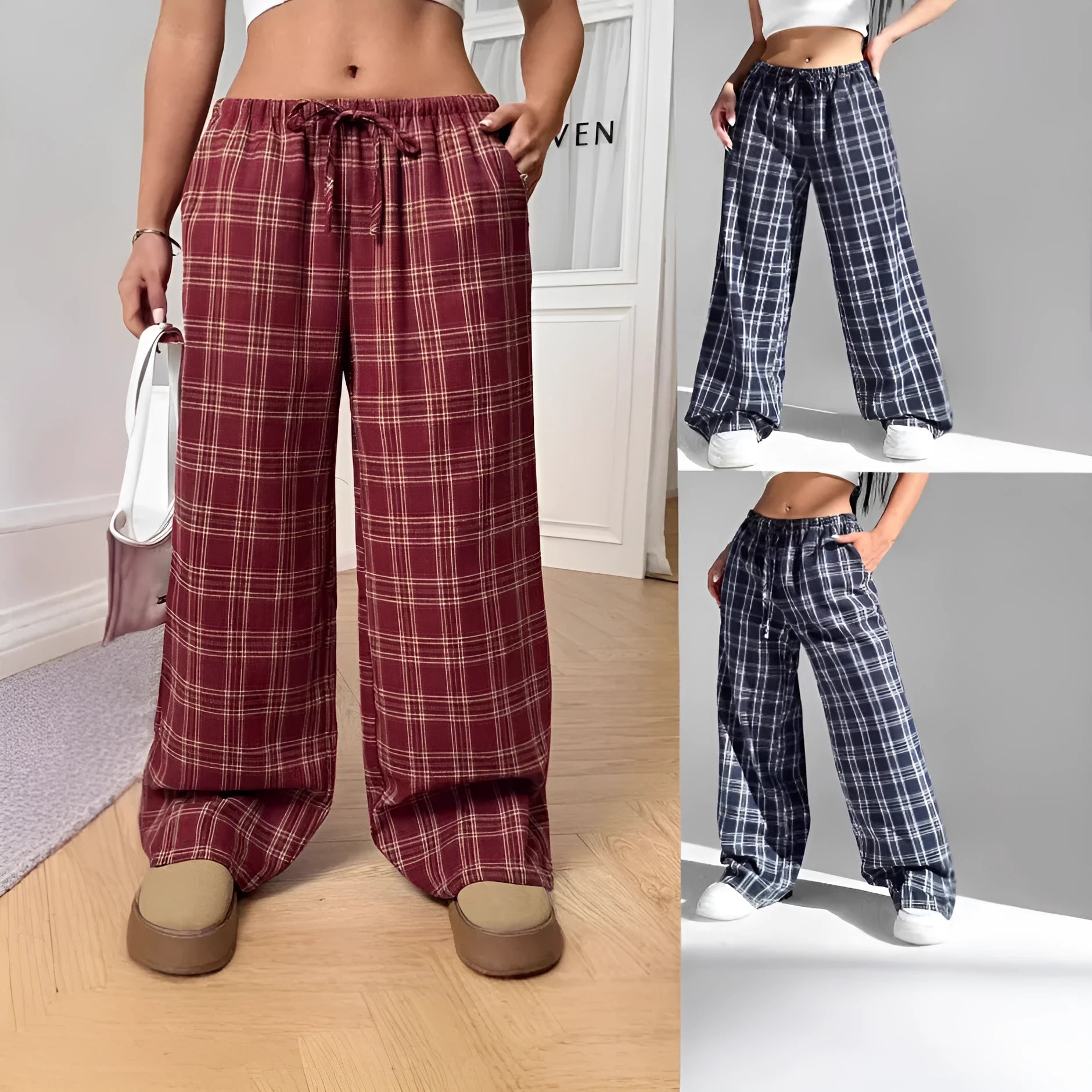 Women's plaid trousers with drawstring waist and side pockets in red or blue colours