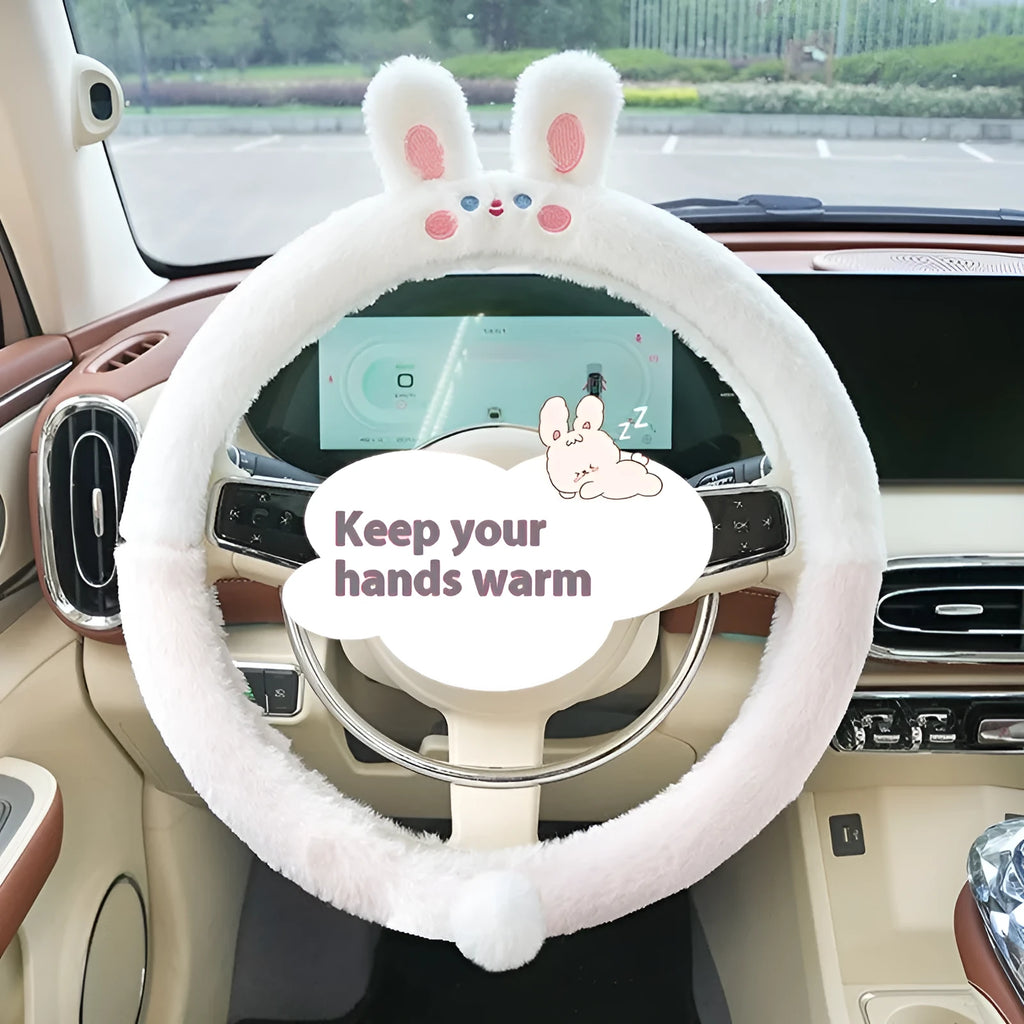 38cm plush winter car steering wheel cover with embroidered animal design